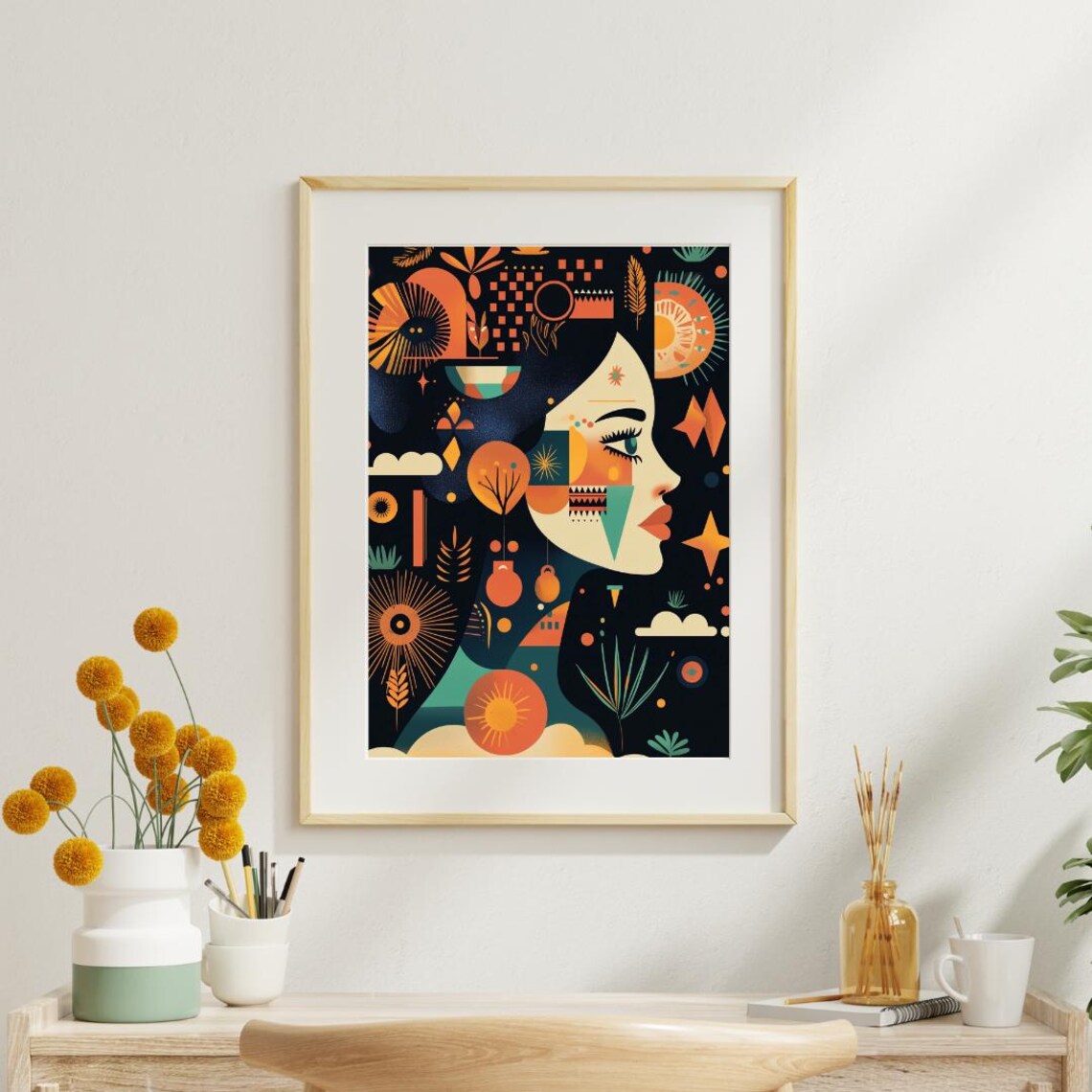 Modern Boho Abstract Woman Portrait, Geometric Design