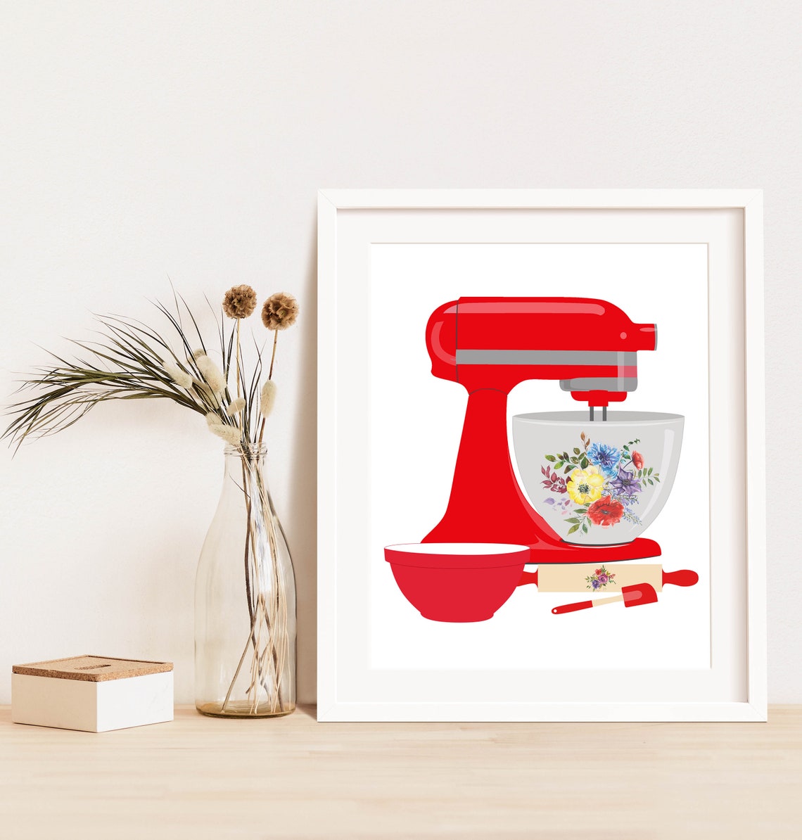 Red Kitchen Stand Mixer Floral Bowl Watercolor Baking Poster - Image 3