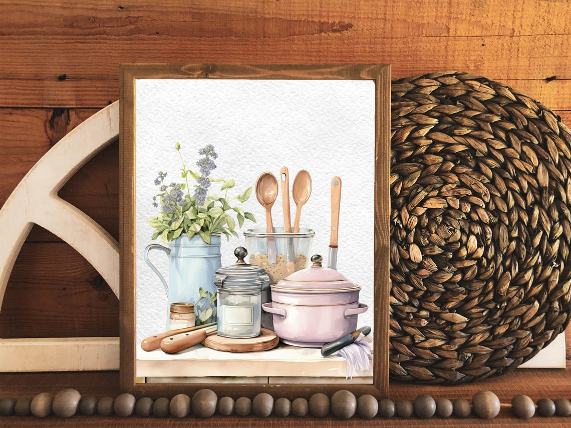 Watercolor Kitchen Still Life Enamelware Pitcher Utensils Home Poster - Image 3