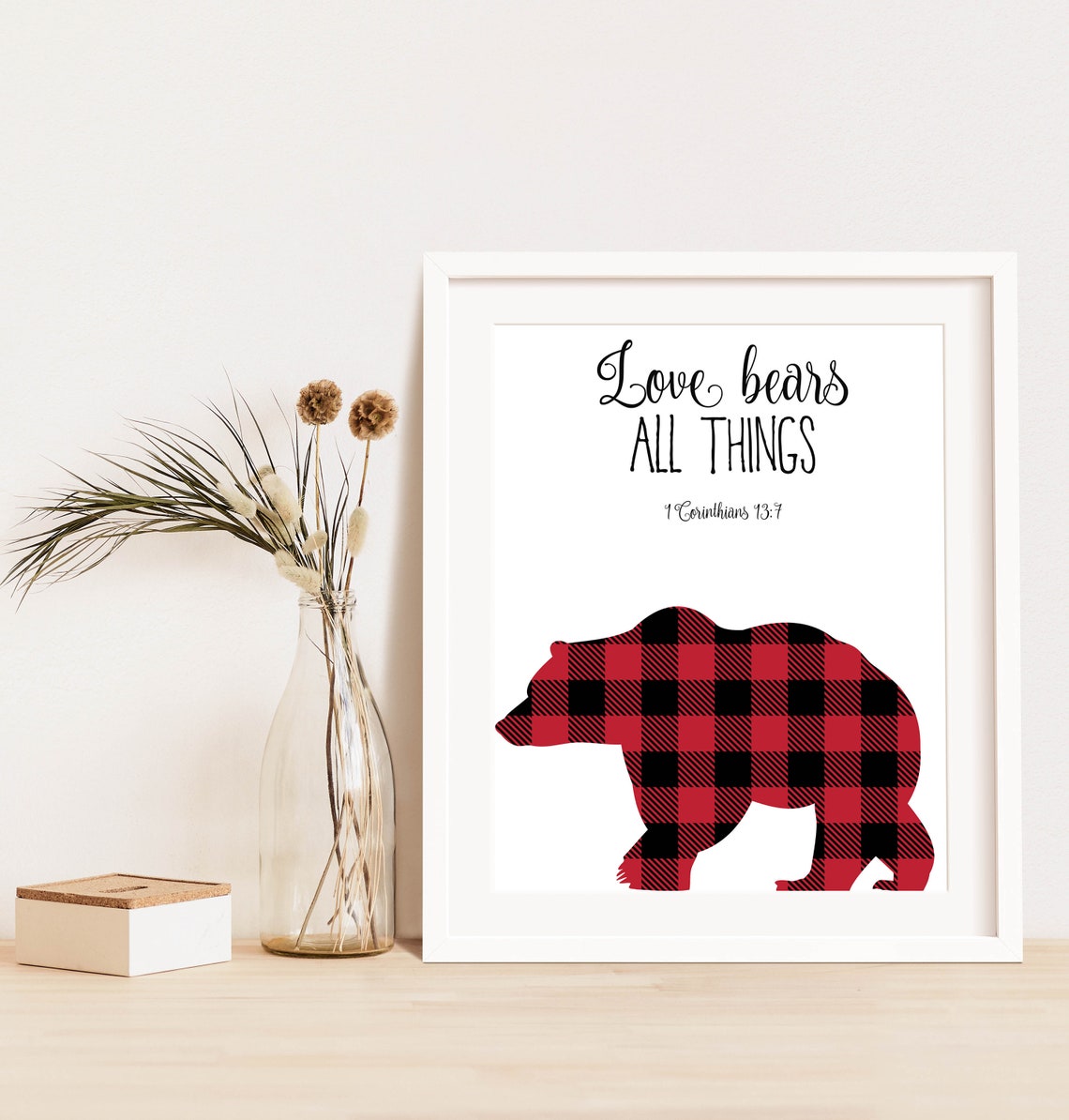 Love Bears All Things Buffalo Plaid Bear 1 Corinthians 137 Wall Art - Image 2