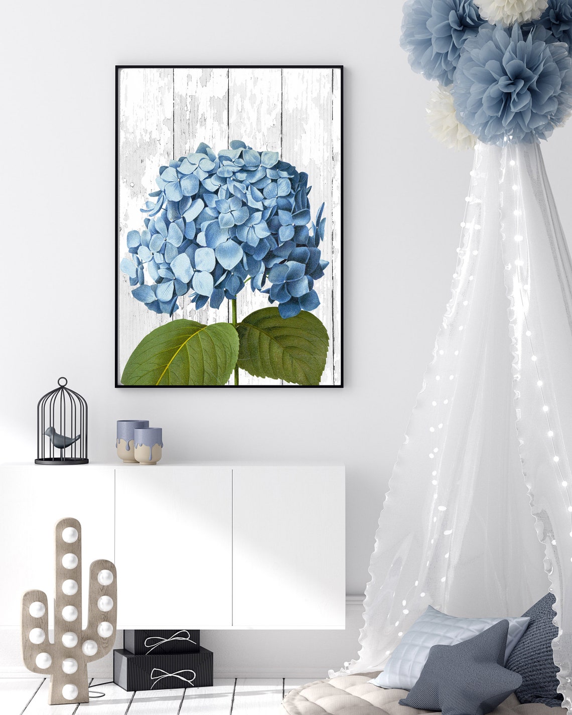 Blue Hydrangea Whitewashed Wood Rustic Floral Botanical Poster - Image 3