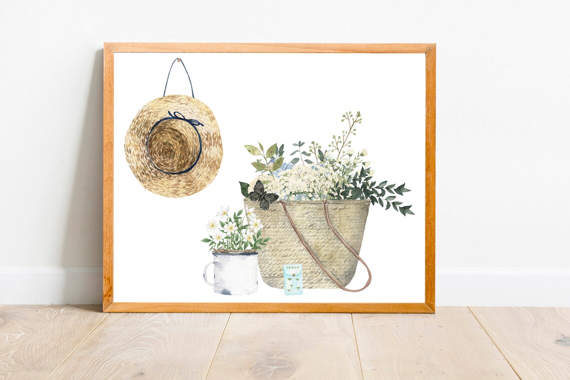 Straw Hat Market Tote Wildflowers Watercolor Garden Decor Poster - Image 7