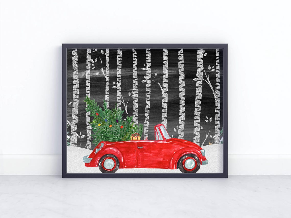 Red Vintage Convertible Christmas Tree Snowy Birch Forest Wall Art - Image 2