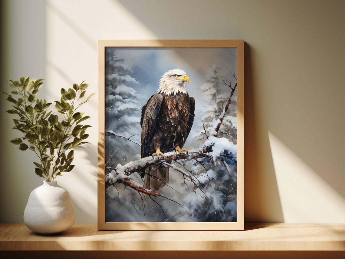 Bald Eagle Perched on Snowy Branch Winter Raptor Oil Painting Poster - Image 2