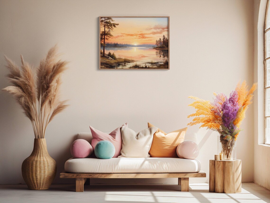 Peaceful Sunset Over Calm Lake Pastel Sky Birds Oil Painting Nature Wall Art - Image 2