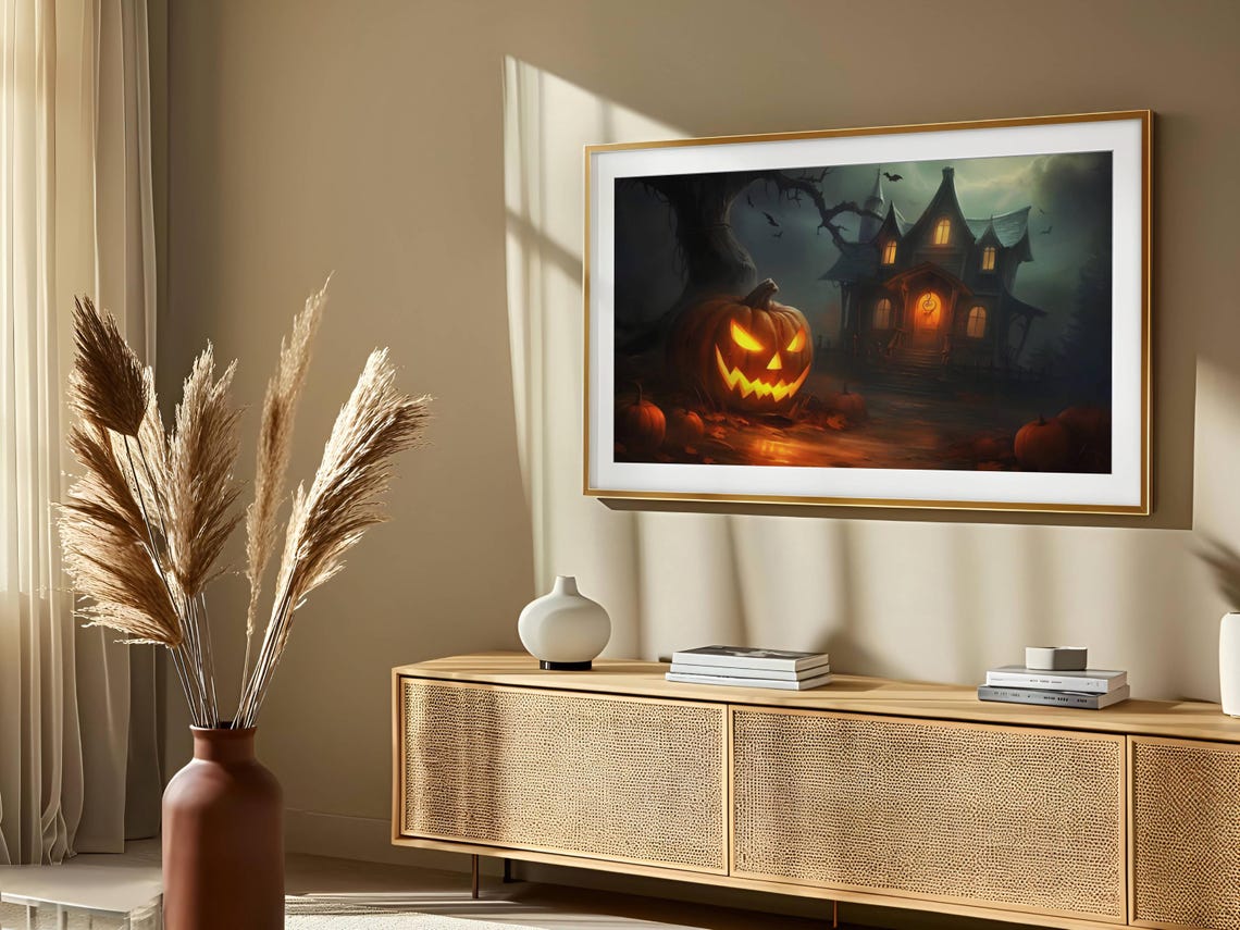 Glowing Jack O Lantern Haunted House Halloween Night Frame TV Poster - Image 2