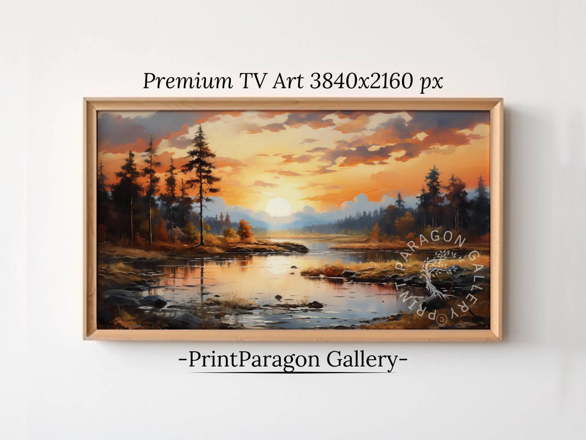 Forest Lake Sunset with Golden Reflections on Calm Water Wall Art