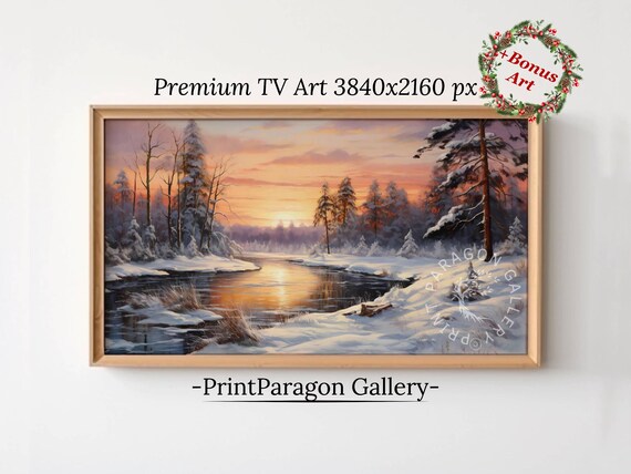 Snowy Forest Sunset Glowing Over a Frozen Winter River Wall Art