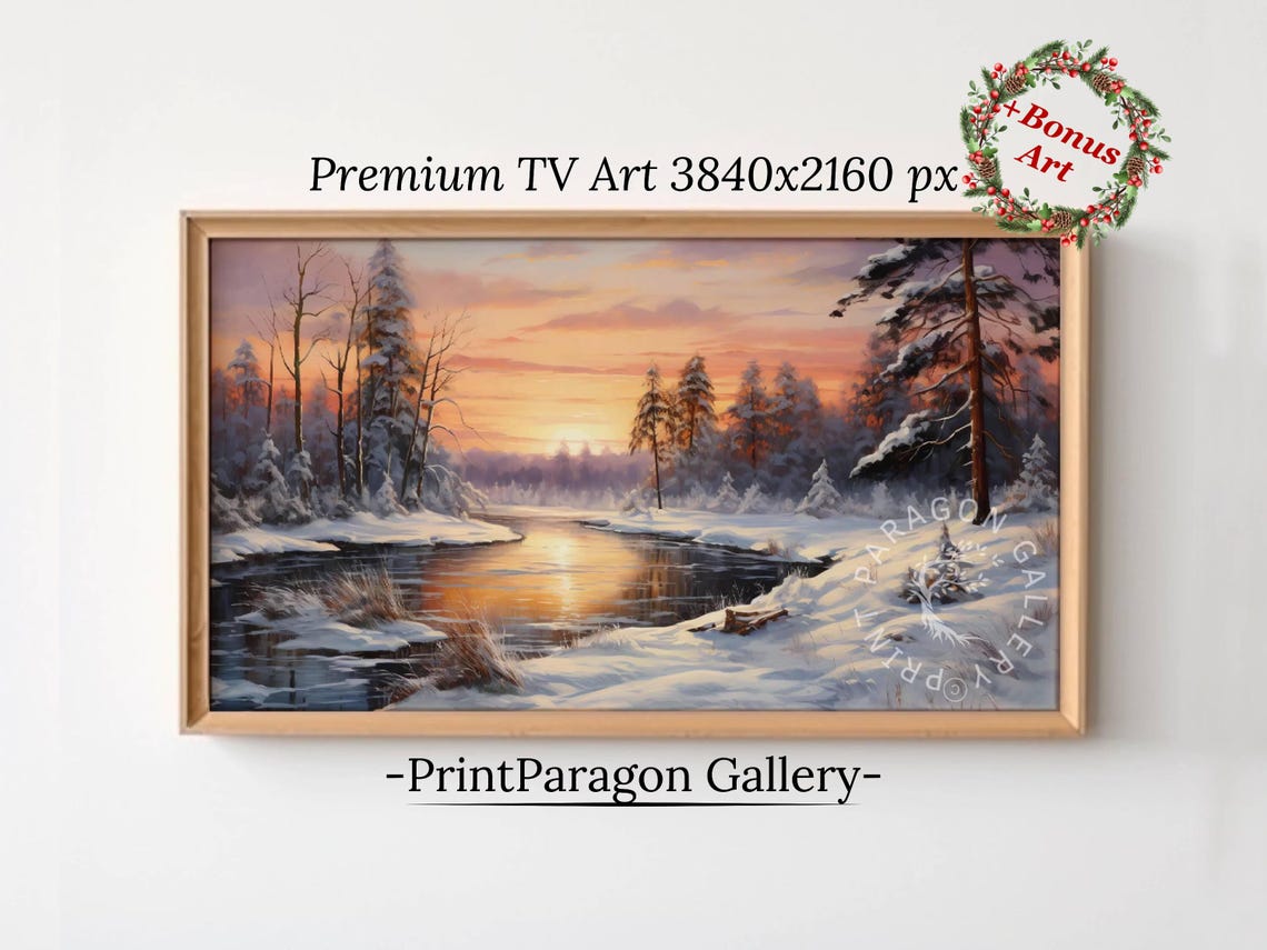 Snowy Forest Sunset Glowing Over a Frozen Winter River Wall Art