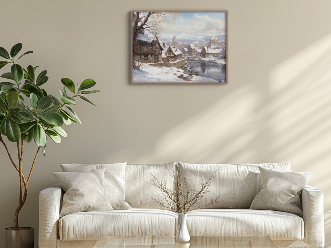 Snowy Stone Village Riverside Castle Winter Town Landscape Poster - Image 2