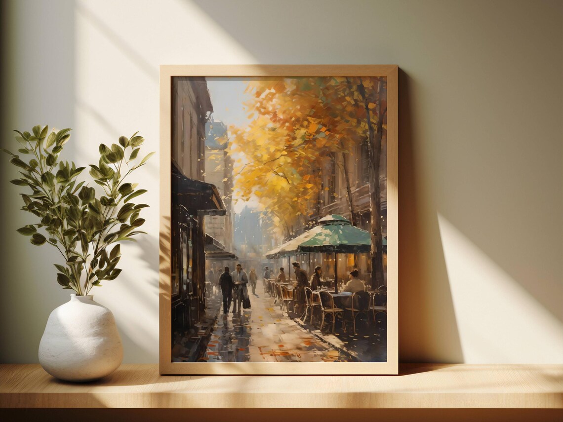 Rainy Autumn Cafe Street in a European City at Dusk Wall Art - Image 2