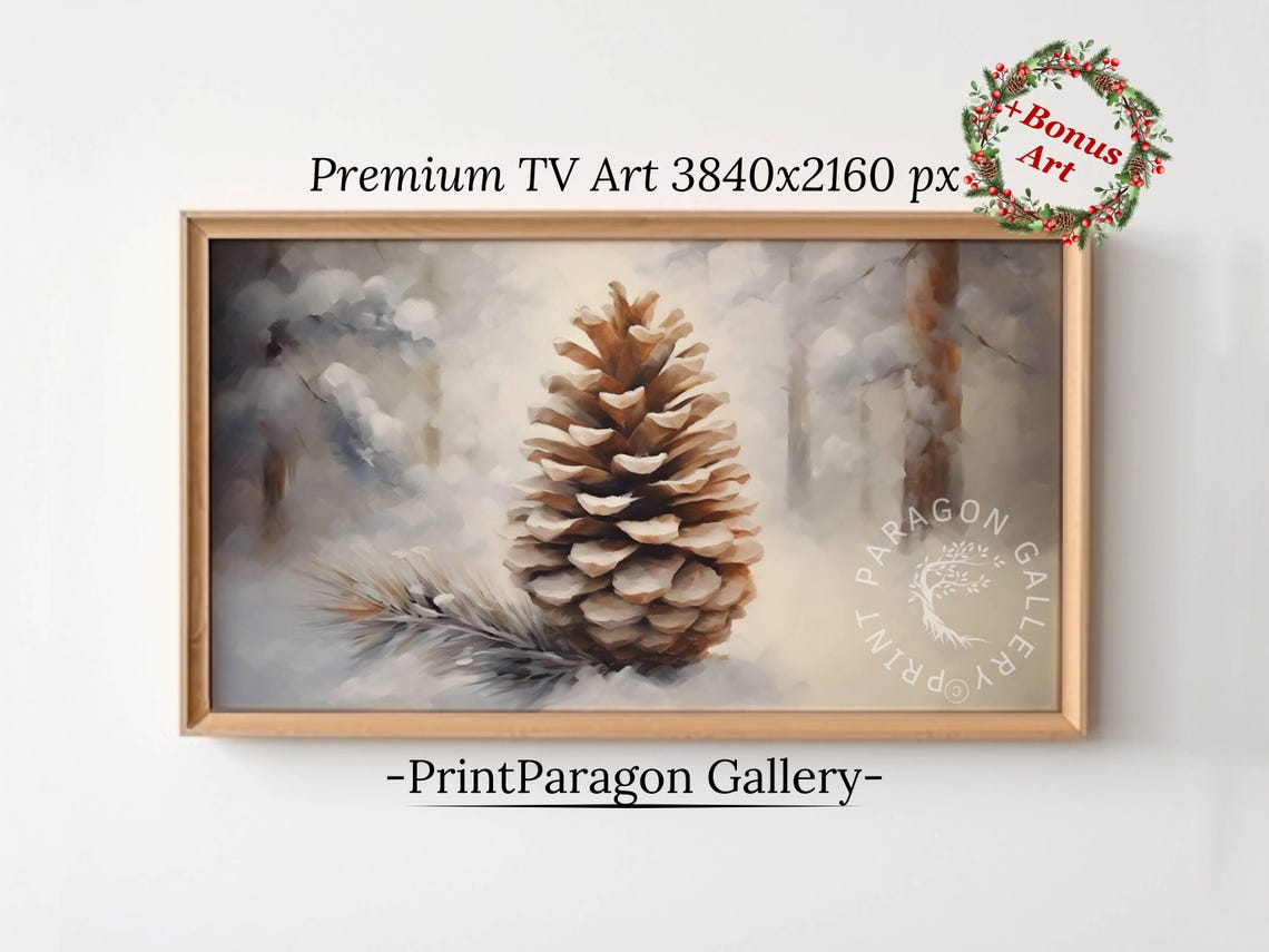 Lone Pinecone Resting in Fresh Snow Rustic Winter Botanical Wall Art