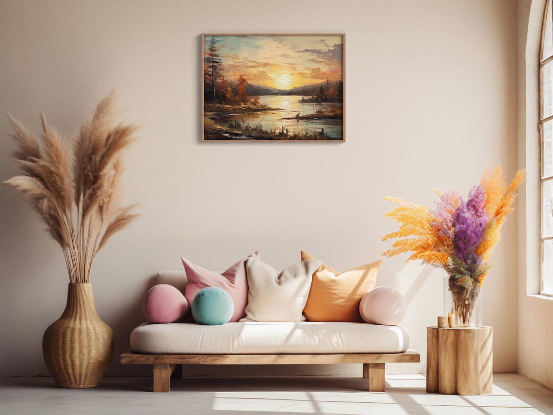 Golden Sunset Lake Impasto Painting Warm Orange Reflection Poster - Image 2