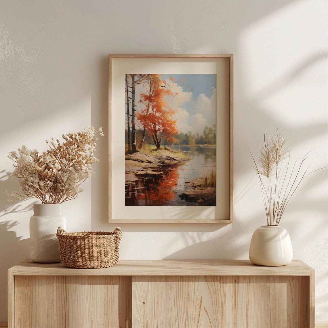 Autumn Birches by a Still Lake with Fiery Fall Reflections Wall Art - Image 2