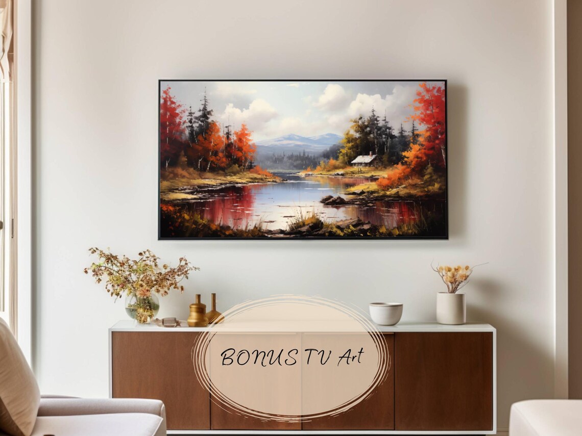 Red Autumn Trees Lakeside Cabin Beneath Mountain Peaks Landscape Poster