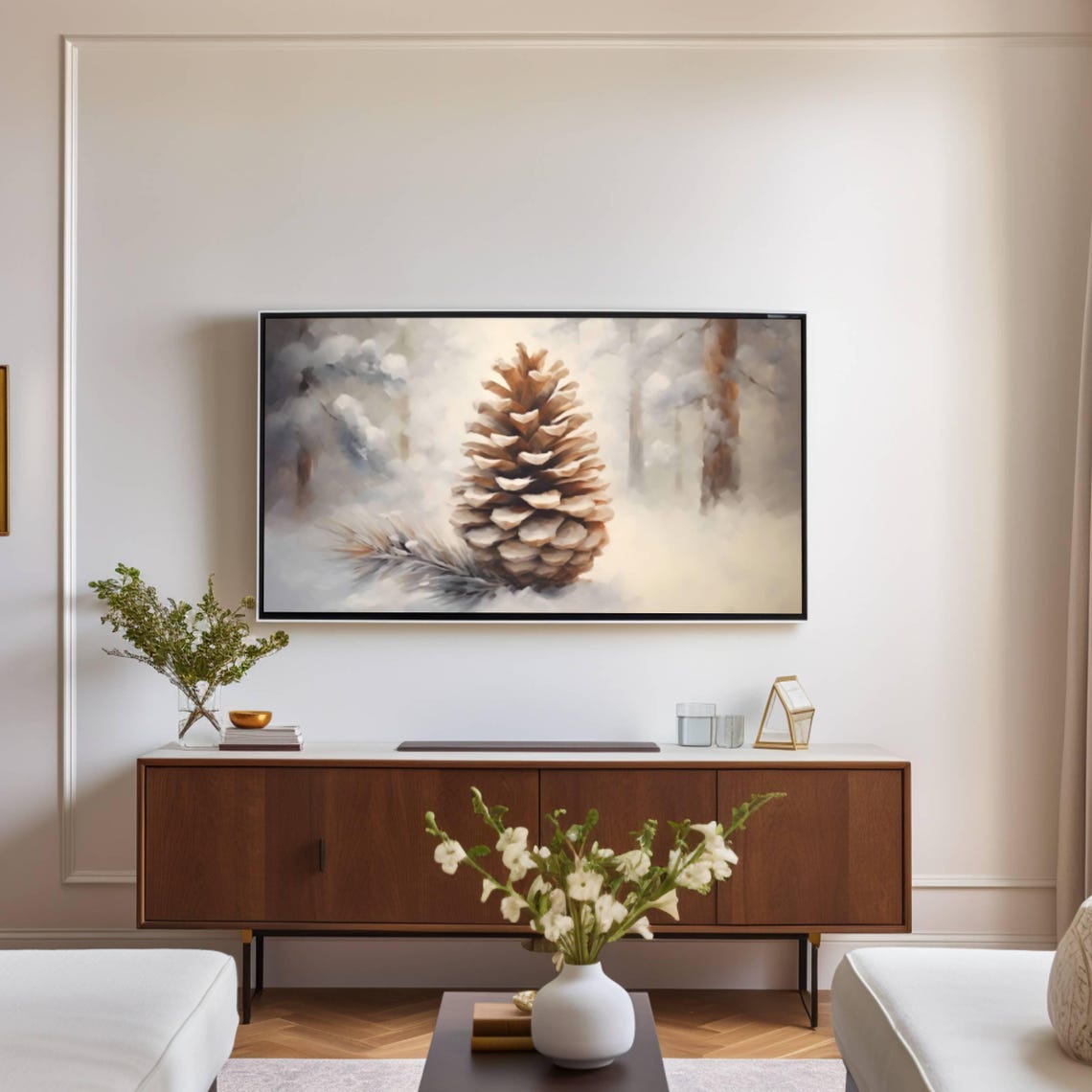 Lone Pinecone Resting in Fresh Snow Rustic Winter Botanical Wall Art - Image 2