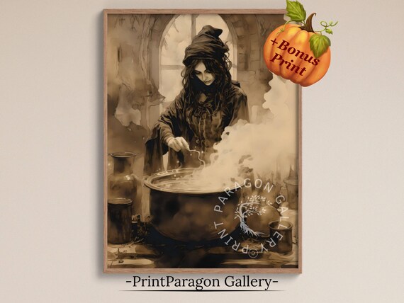 Witch Stirring Cauldron Vintage Sepia Ink Halloween Witchcraft Poster