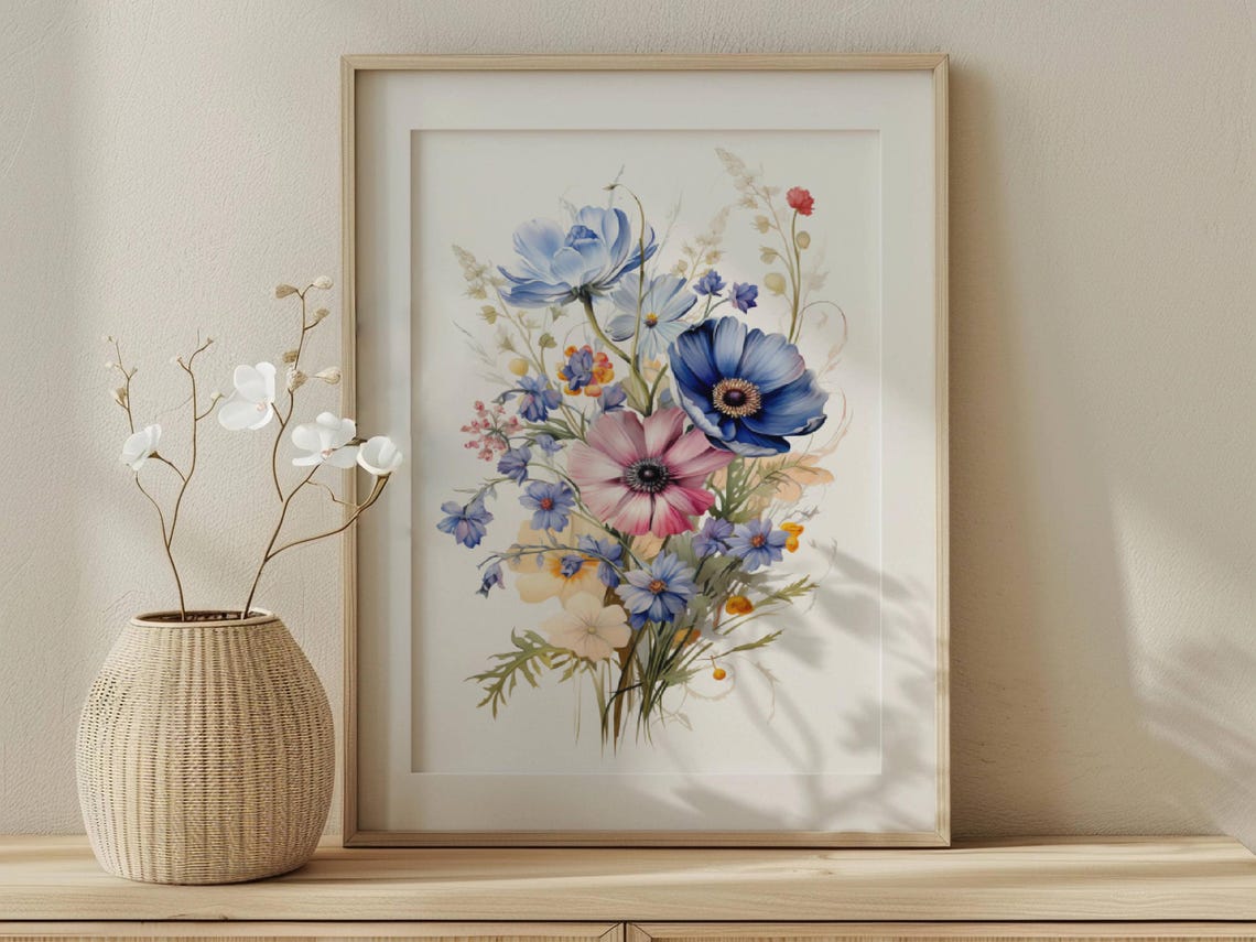 Colorful Wildflower Bouquet Sketch Blue Pink Cosmos Blossoms Poster - Image 2