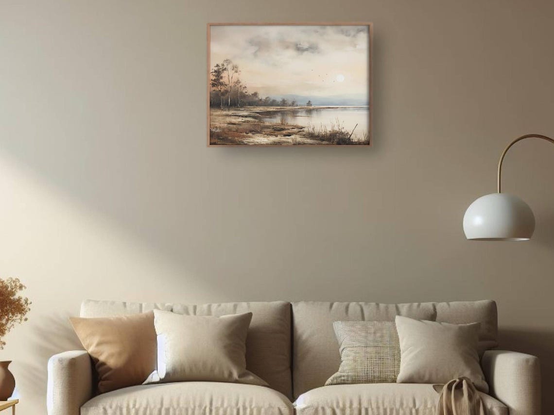 Neutral Tone Lake at Dawn with Birch Trees Minimal Landscape Poster - Image 2