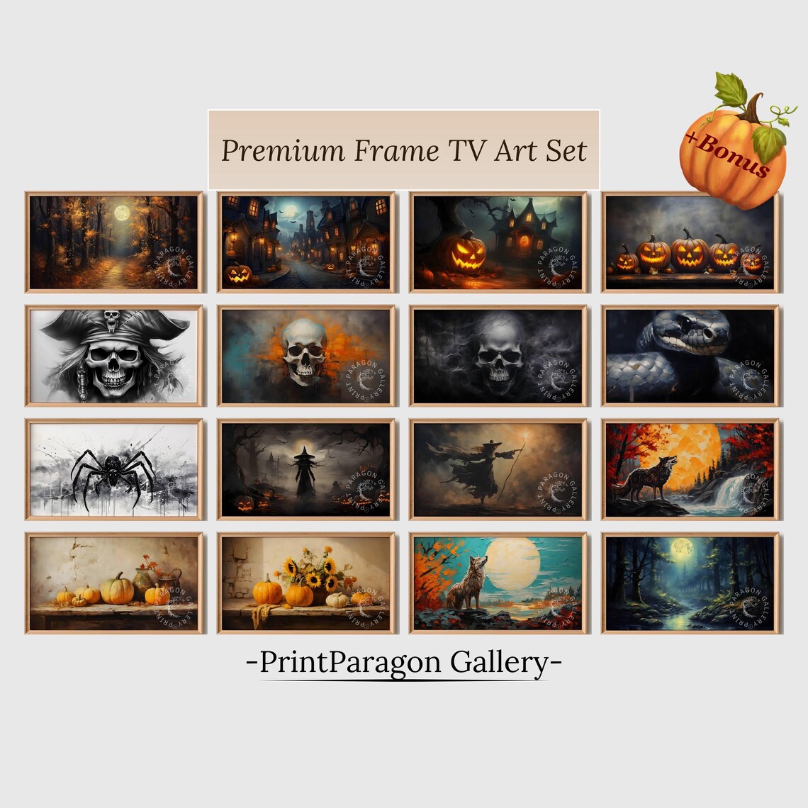 Spooky Halloween TV Art Bundle Set Of 16 Pumpkin Witch Skull Art Poster