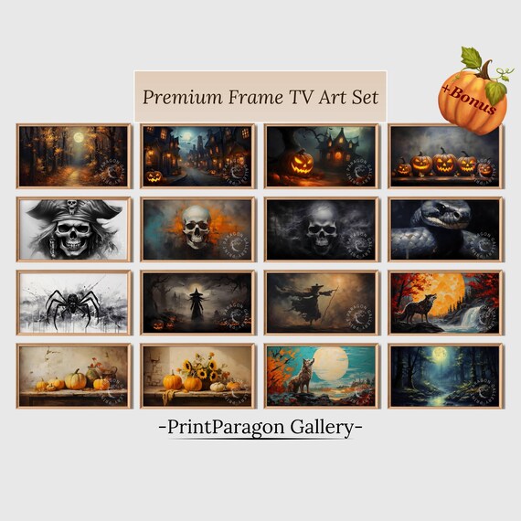 Spooky Halloween TV Art Bundle Set Of 16 Pumpkin Witch Skull Art Poster