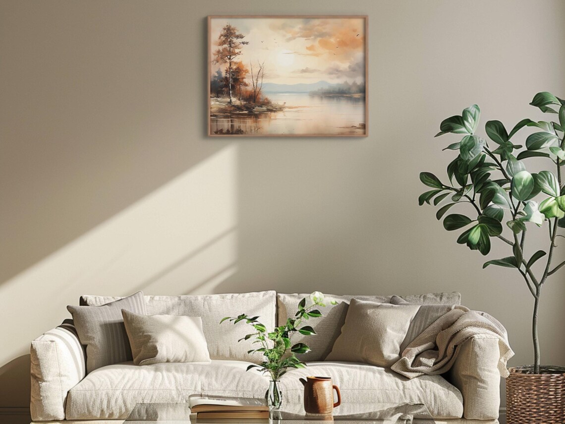 Autumn Pine Trees by Lake Sunrise Mountain View Landscape Wall Art - Image 2