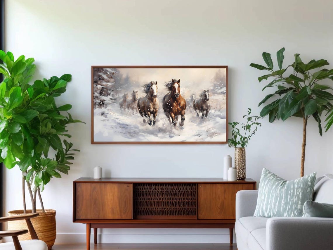 Wild Horses Running Through Snow Winter Equine 16x9 Wall Art - Image 2