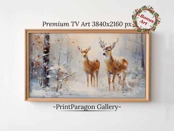 Cute Vintage Forest Deers Frame Tv Art Cottagecore Christmas Tv Art Winter Forest Painting Seasonal Home Decor Winter Landscape Art