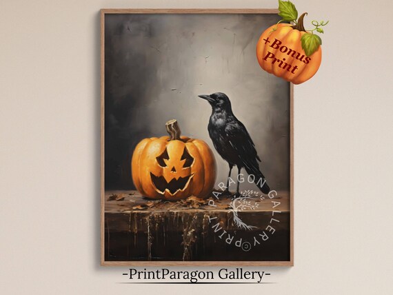 Black Raven Beside Glowing Jack O Lantern Moody Halloween Still Poster
