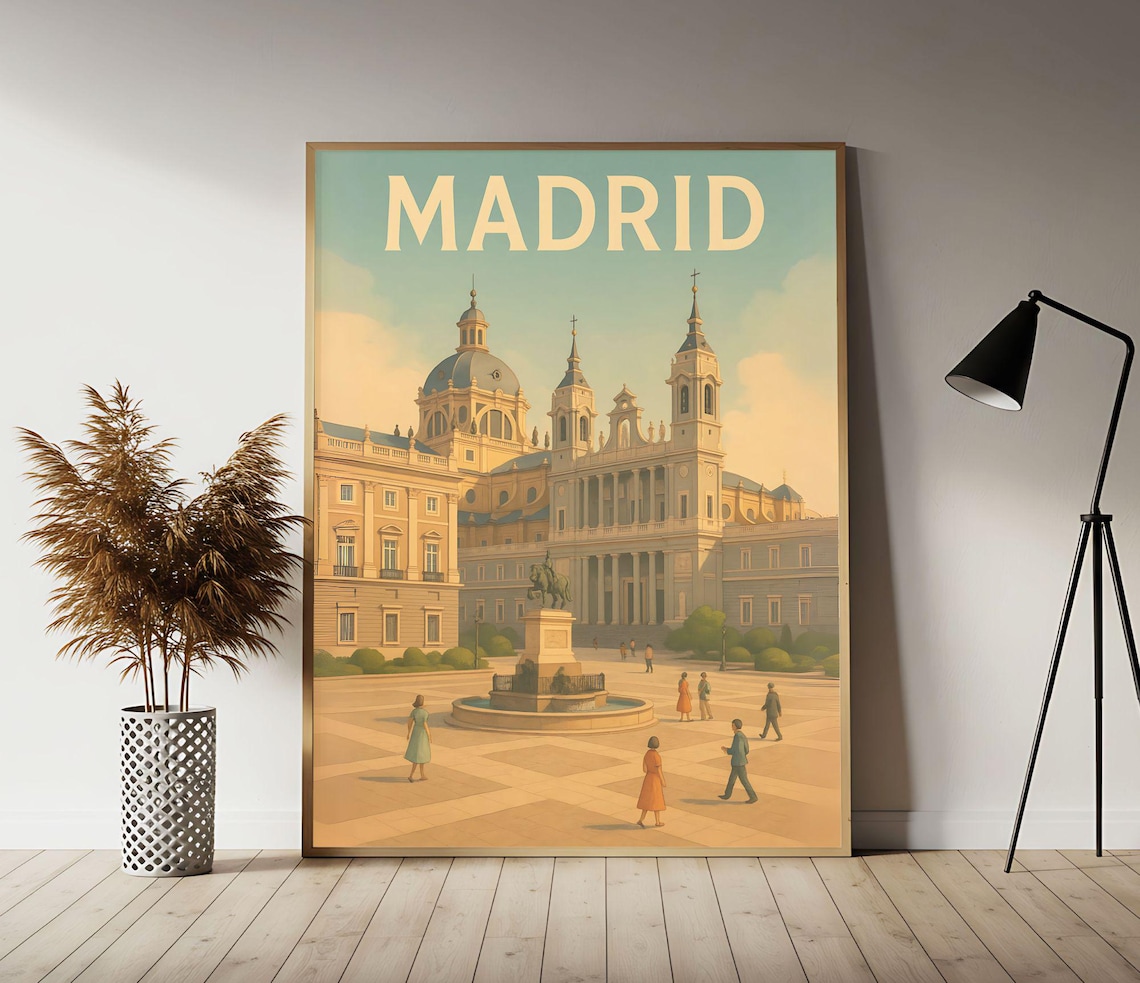 Madrid Spain Royal Palace Cathedral Golden Vintage Travel Poster