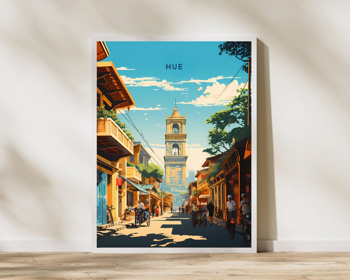 Hue Vietnam Flag Tower Bustling Old Street Scene Travel Poster