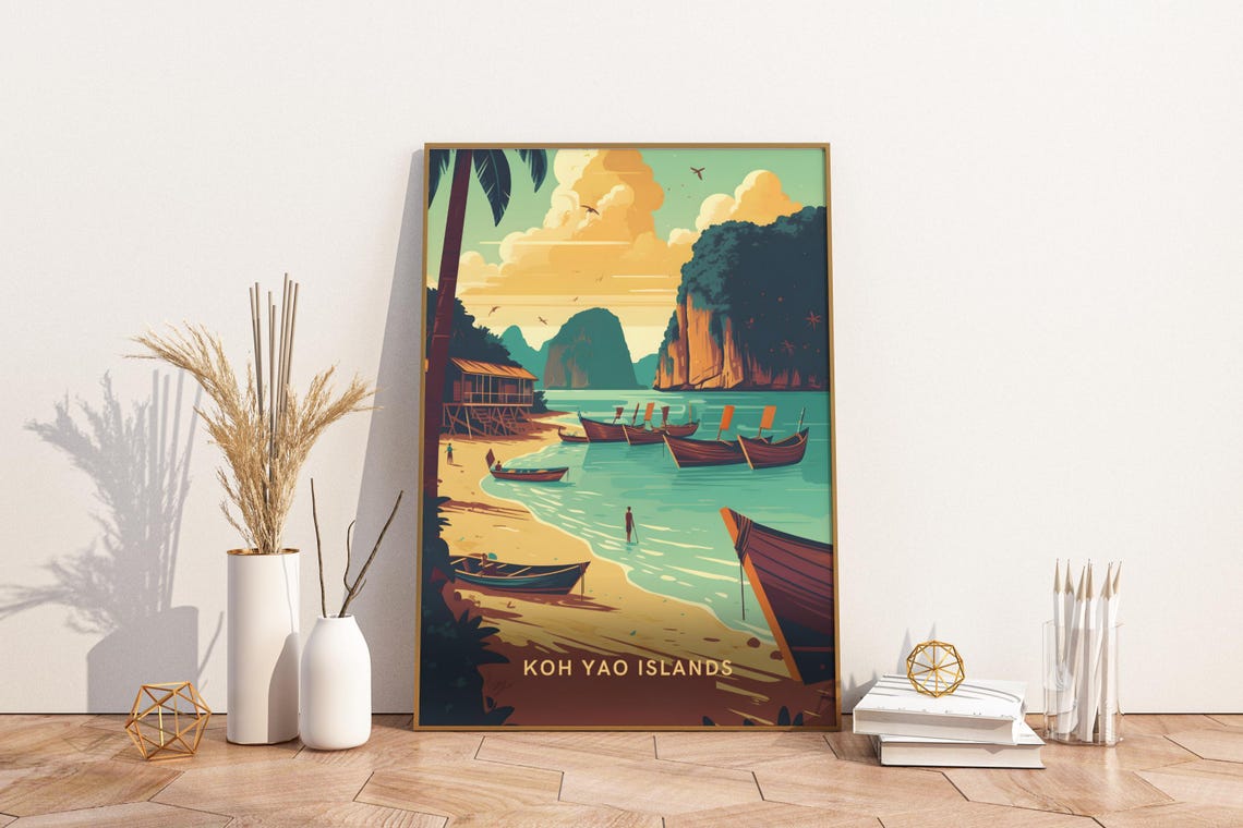 Koh Yao Islands Thailand Tropical Beach Longtail Boats Travel Poster