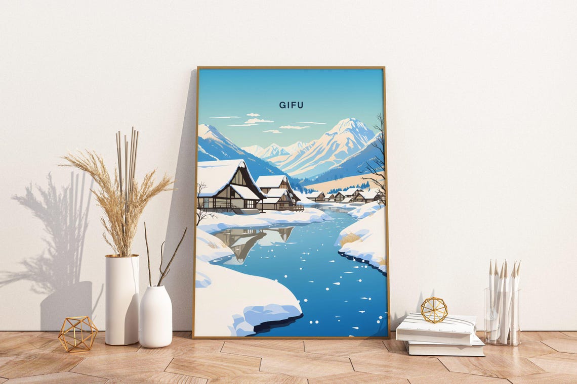 Gifu Snowy Village Winter Japan Mountain Scenic Travel Poster