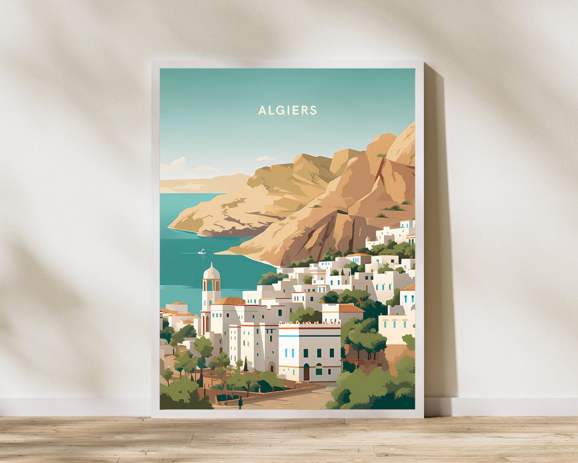 Algiers Algeria White Coastal Old Town Cliffs Retro Travel Poster