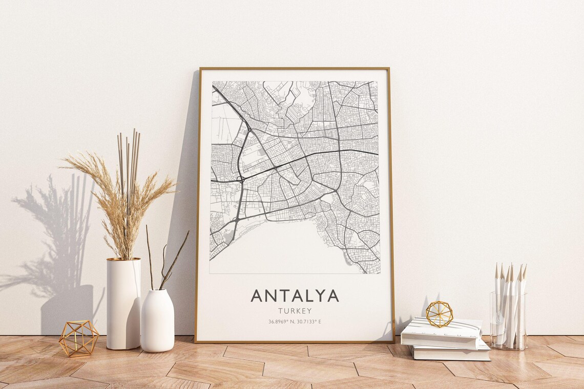 Antalya Turkey Minimal Black and White City Street Map Poster