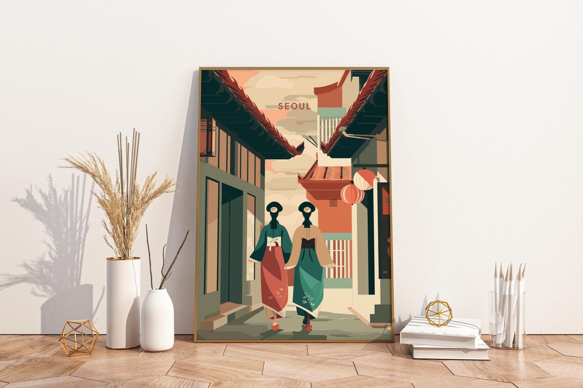 Seoul South Korea Hanbok Street Retro Travel Illustration Poster