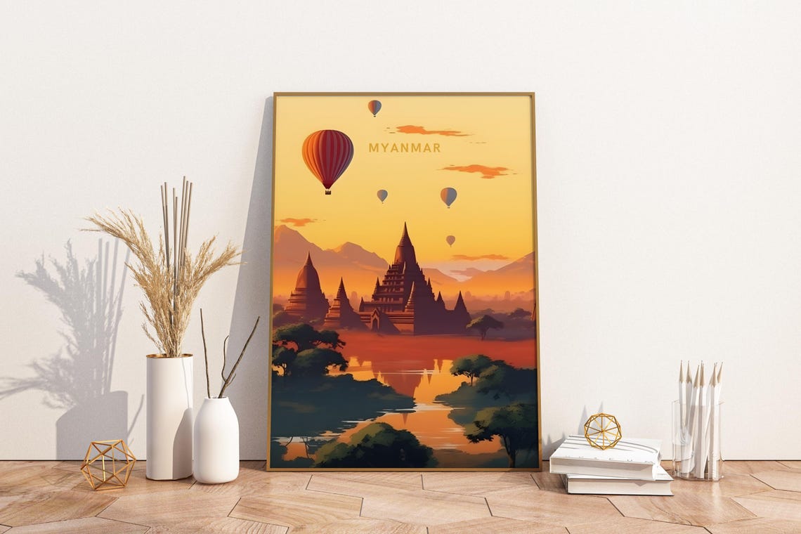 Myanmar Ancient Temples Hot Air Balloons Golden Sunset Poster