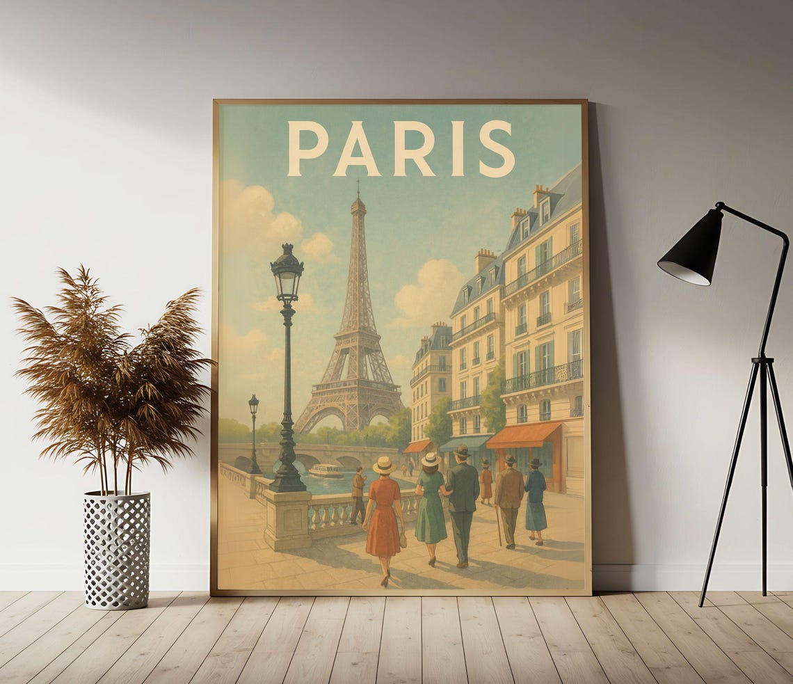 Vintage Paris Eiffel Tower Travel Poster French Street Scene