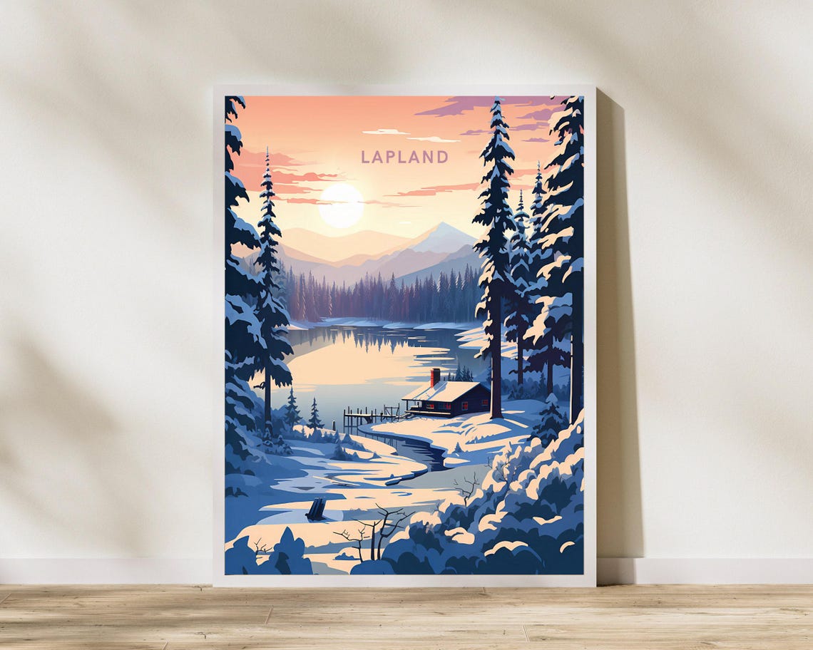 Lapland Finland Winter Log Cabin Lake Sunset Travel Art Poster
