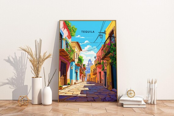 Tequila Mexico Colorful Colonial Street Scene Illustration Poster