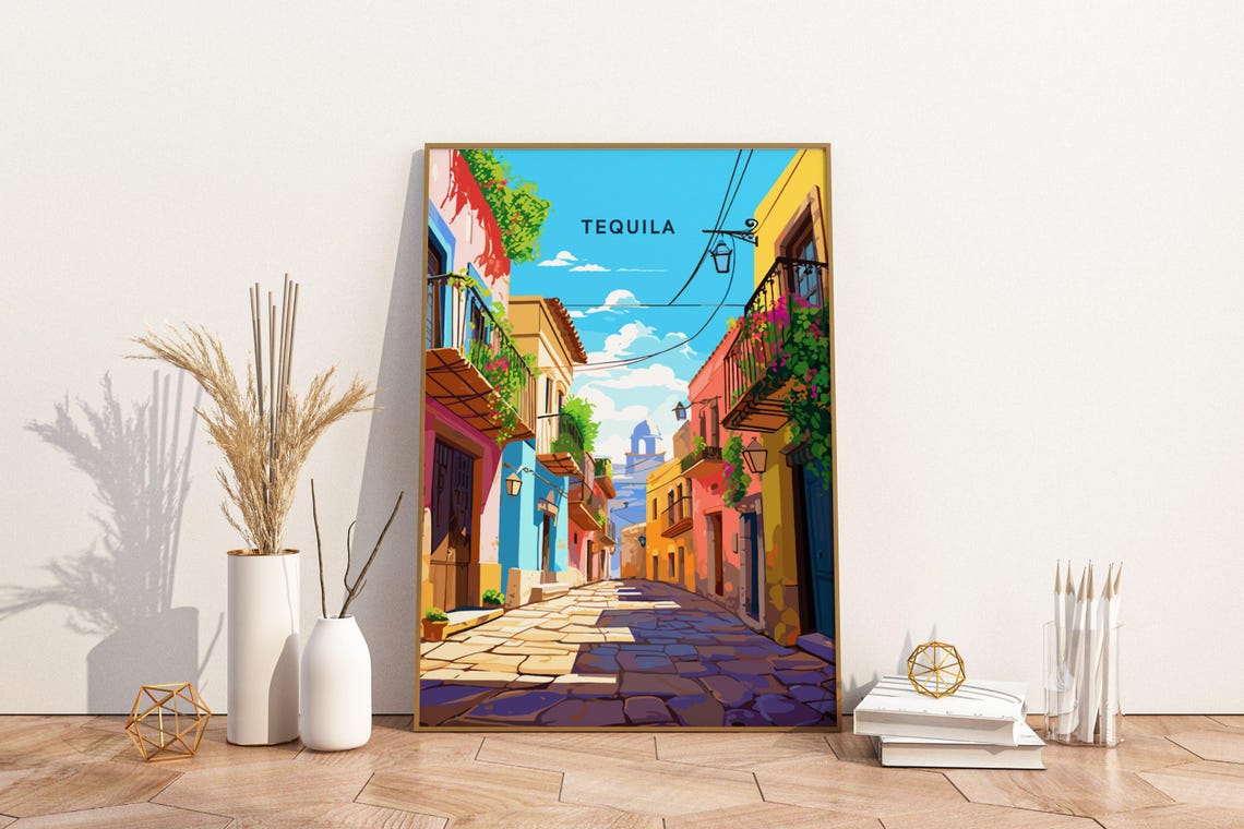 Tequila Mexico Colorful Colonial Street Scene Illustration Poster