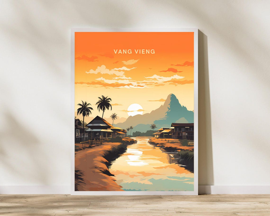 Vang Vieng Laos Sunset River Village Illustrated Travel Poster