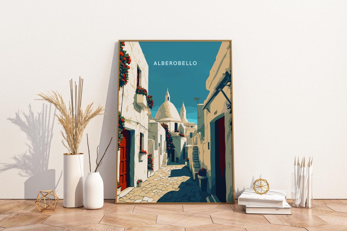 Alberobello Italy Trulli Stone Streets Vintage Travel Poster
