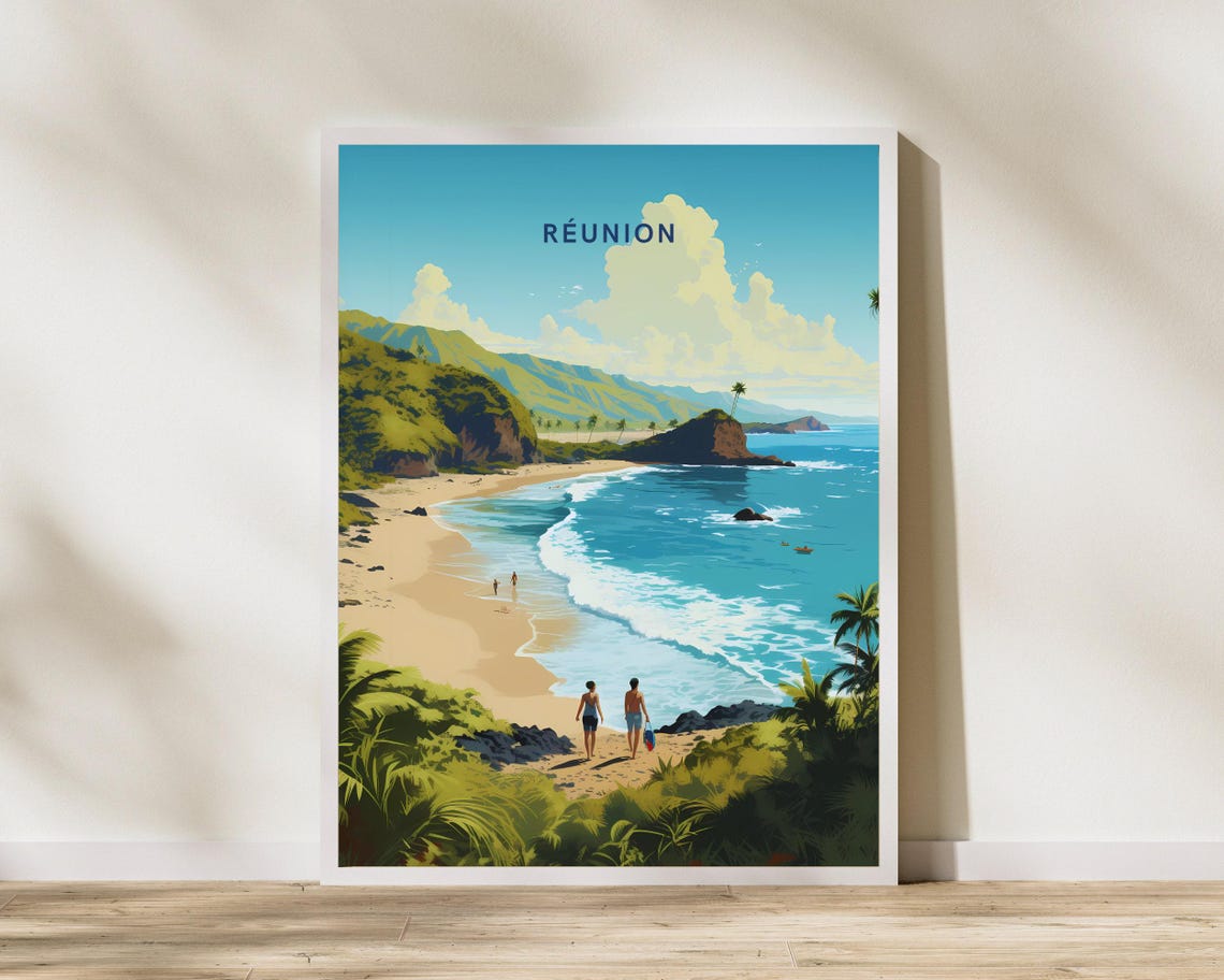 Reunion Island Beach Cove Tropical Shoreline Scene Travel Poster