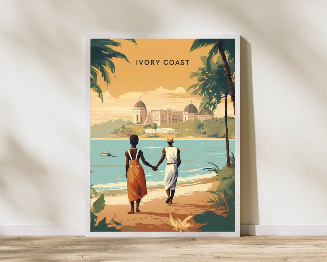 Ivory Coast West Africa Beach Sunset Palms Retro Artwork Poster