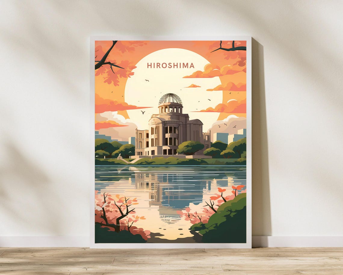 Hiroshima Japan Atomic Bomb Dome Sunset Illustration Art Poster