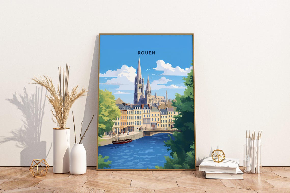 Rouen France Travel Poster with Cathedral and River in Bright Blue