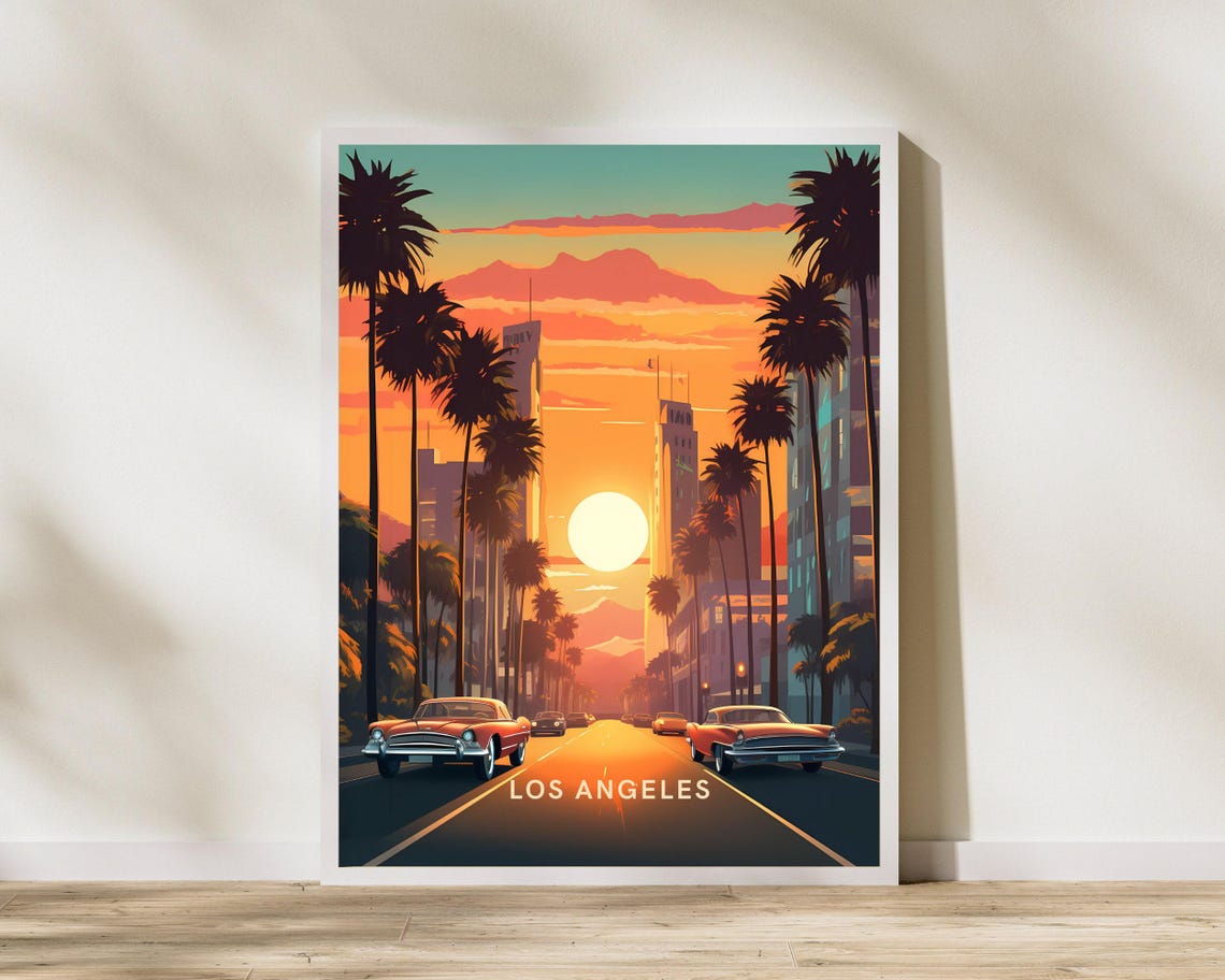 Los Angeles Sunset Palm Lined Boulevard Classic Car Travel Poster