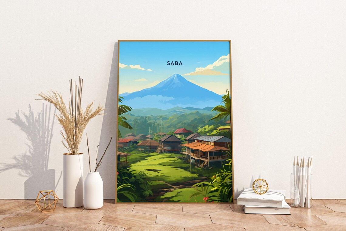 Saba Caribbean Volcano Peak Tropical Village Scenery Travel Poster