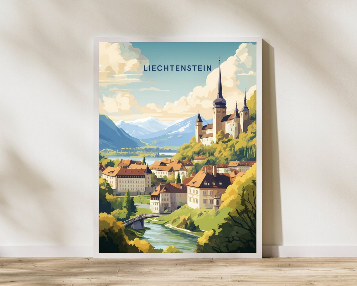 Liechtenstein Hilltop Castle Town Vintage Style Travel Poster